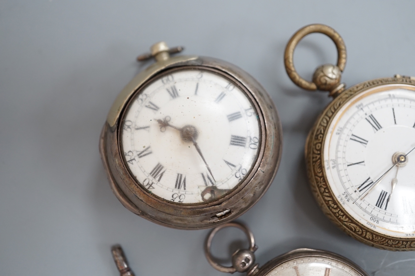 An 18th century silver pair cased keywind verge pocket watch, by T. Moore, London (repair) and two other pocket including silver.